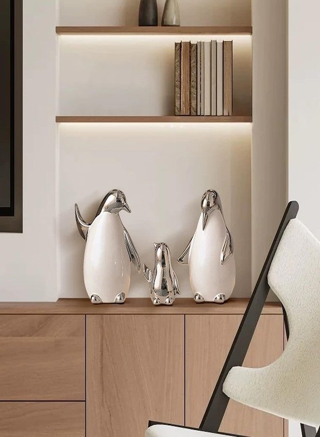 Tuioyoc Set of 3 Ceramic Statues Aesthetic Abstract Penguins Sculpture Cute Modern Home Decor Decorative Statue for Living Room, Bedroom, Office, Table Centerpiece (White Silver) - Image 4
